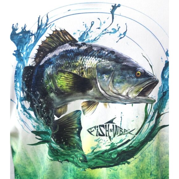 Fish N Vibe White Green Bass Splashing Performance Fishing Graphic Tee (M) 38-40 - Picture 8 of 12
